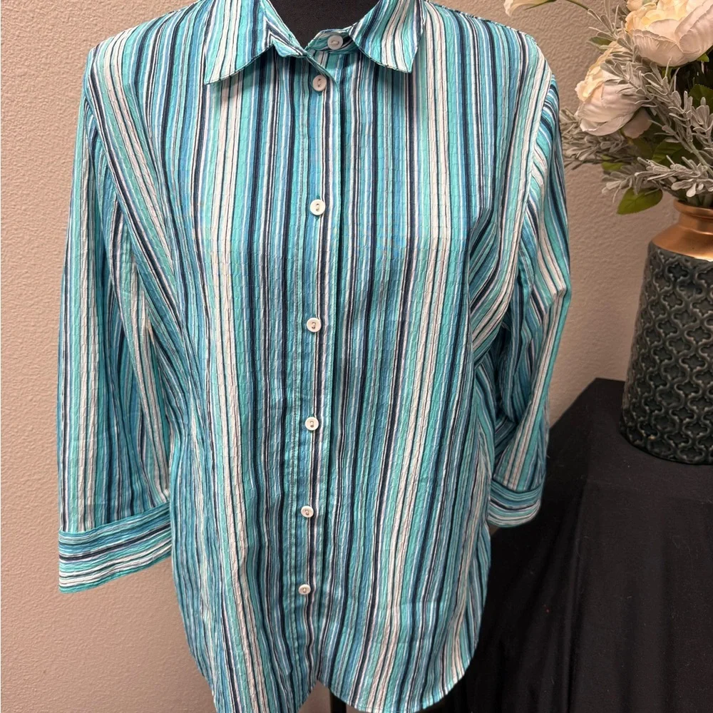 Allison Daley Teal Stripe Button Front Shirt 3/4 Sleeve Collared Blouse 12 - Picture 1 of 7